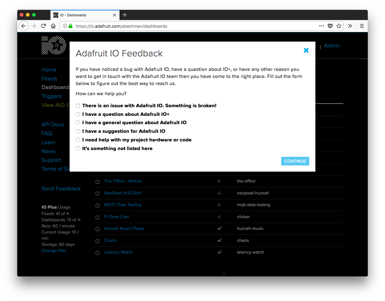 Screenshot of feedback form in Firefox