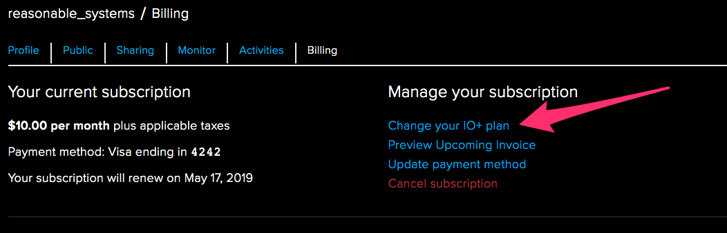 Change your IO+ plan link highlighted